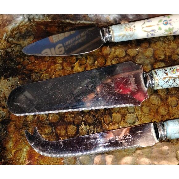 Vtg Bergner El Sheffield England 3-Pc Floral Porcelain Handle Knife Set - Picture 3 of 4